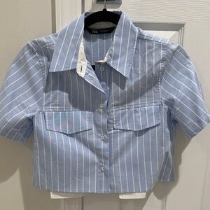 Zara Light Blue and White Striped Button Down Shirt